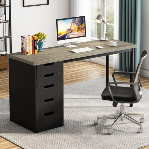 Image of Tribesigns Computer Desk with 5 Drawers, 47 inches Rustic Brown Home Office Desk with Storage, Modern Simple Laptop Desk Study Writing Table for Small Spaces (1, Grey+Black)