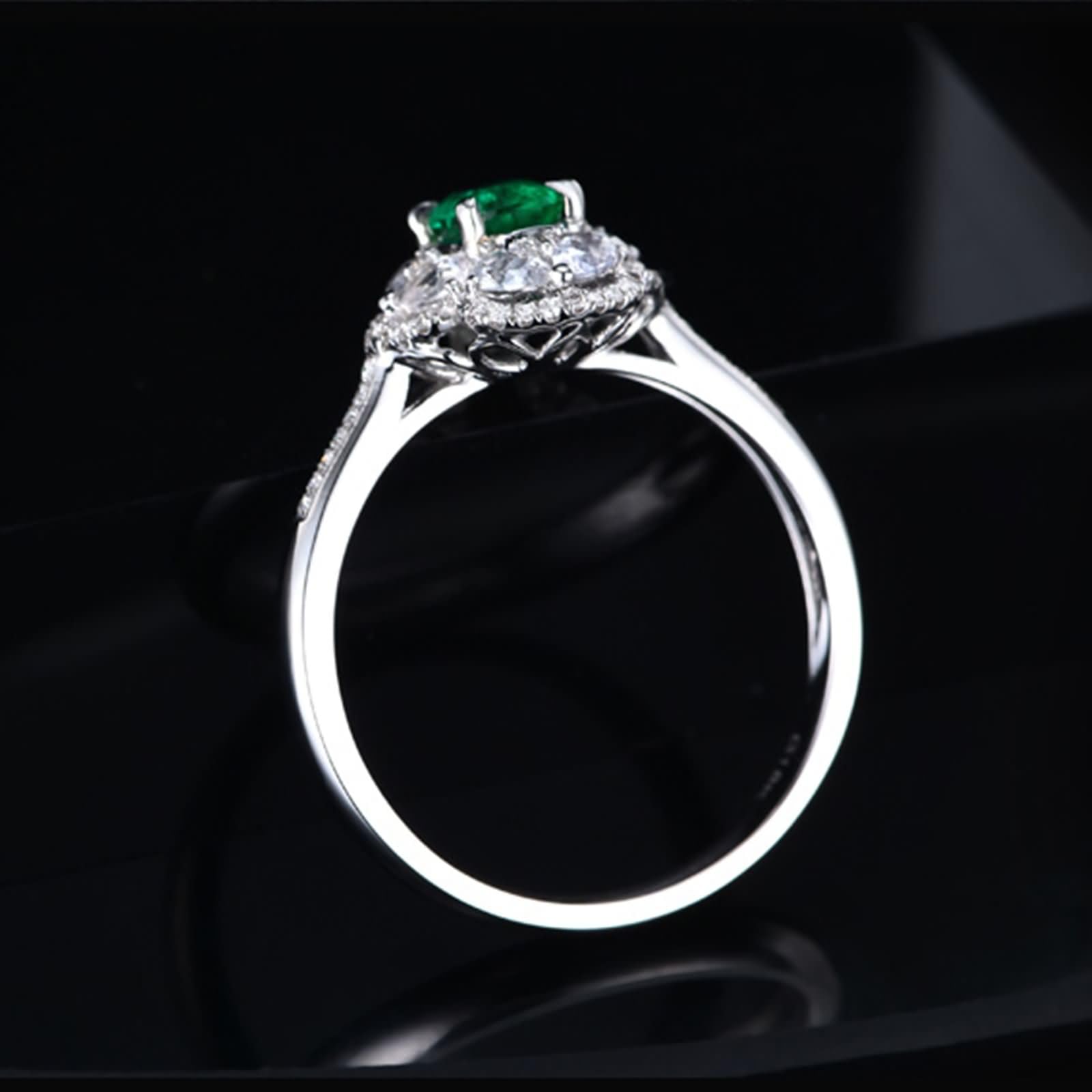 Anillo de Alianza Mujer Oro Blanco 9K / 14K / 18K, Flor y 4 Garras Oval con Esmeralda de 0,6ct y Diamante, Anillo de Alianzas Plata Verde Mujer