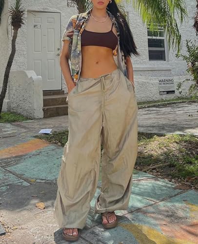 Neyaolk Parachute Pants for Women, Drawstring Elastic Low Waist Y2k Cargo Pants Women Baggy with Pockets2