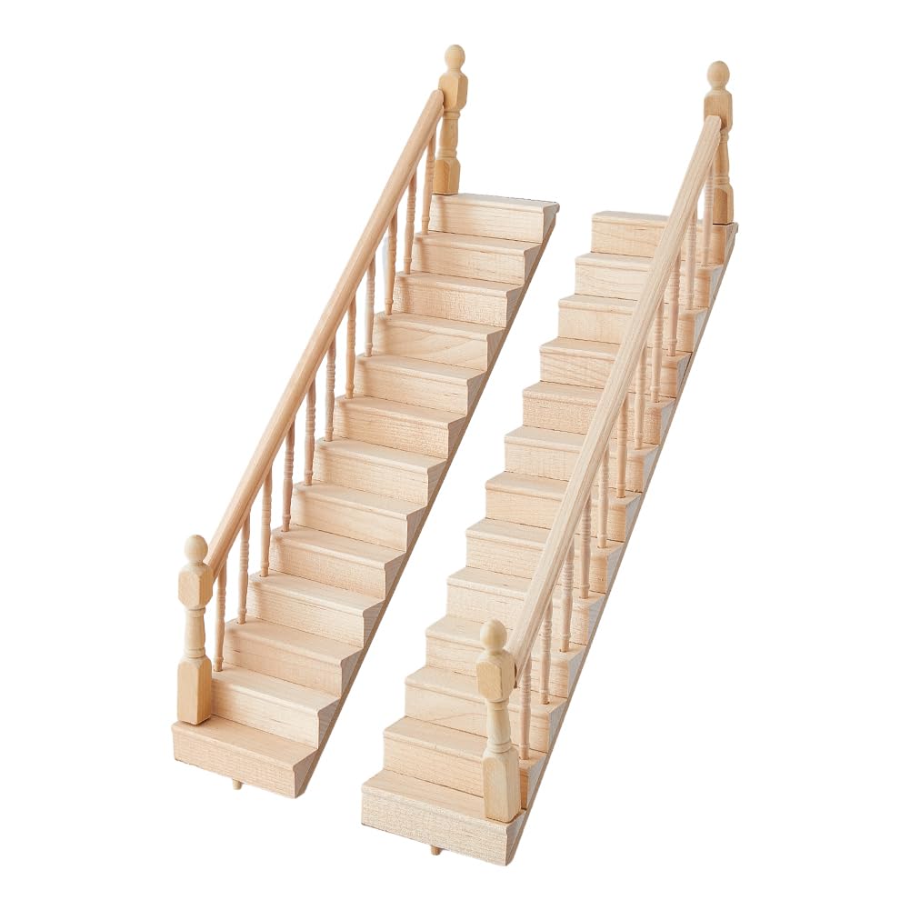 DICOSMETIC 2 Sets 2 Styles Miniature Dollhouse Stairs 1:12 Scale Wooden Stairs Miniature Ornaments with Single Left Right Handrail Dollhouse Furniture Model for Scene Landscape Decor