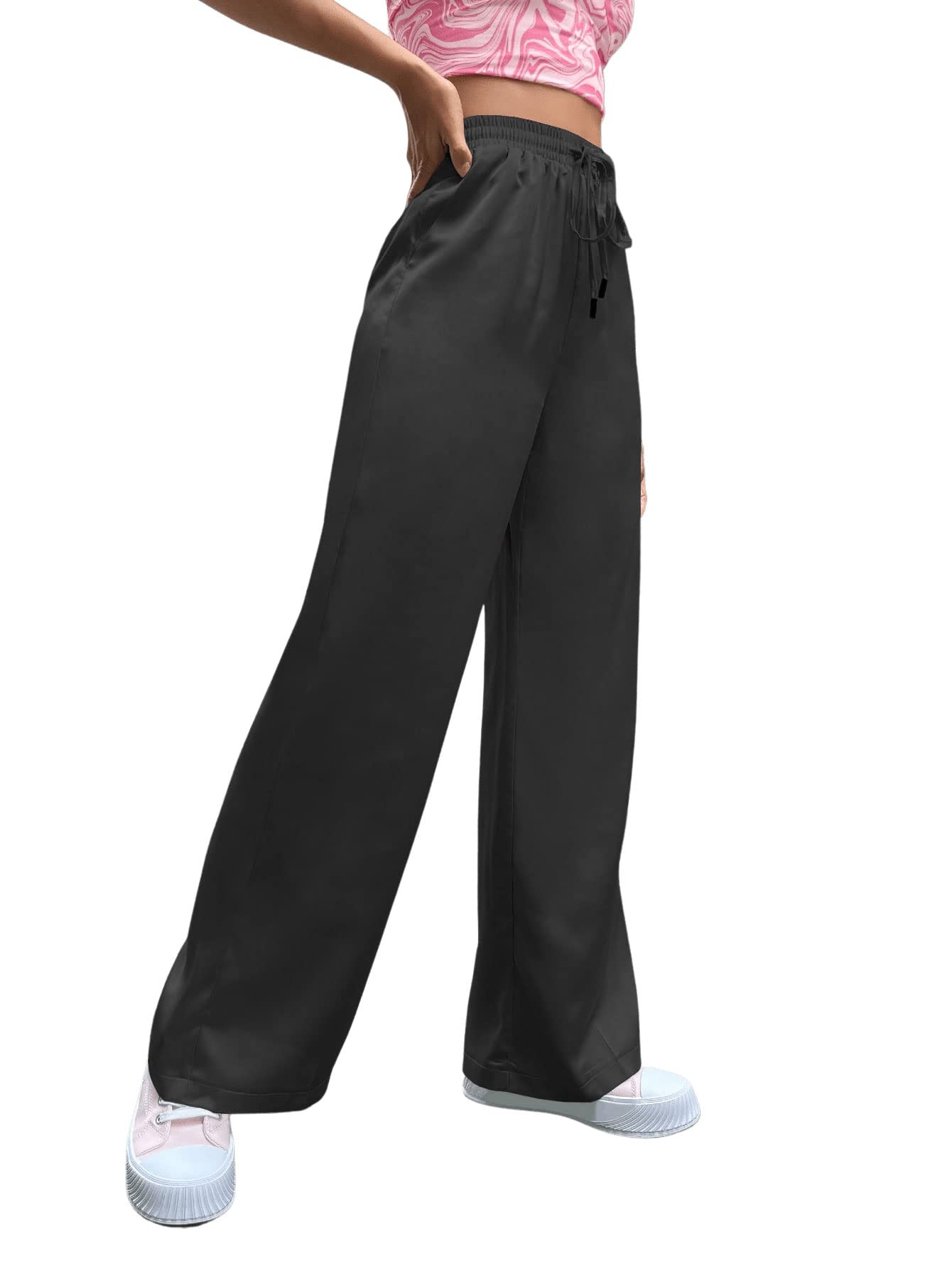 SweatyRocks Women's Wide Leg Satin Pants Casual Elastic Waist Loose Trousers with Pocket