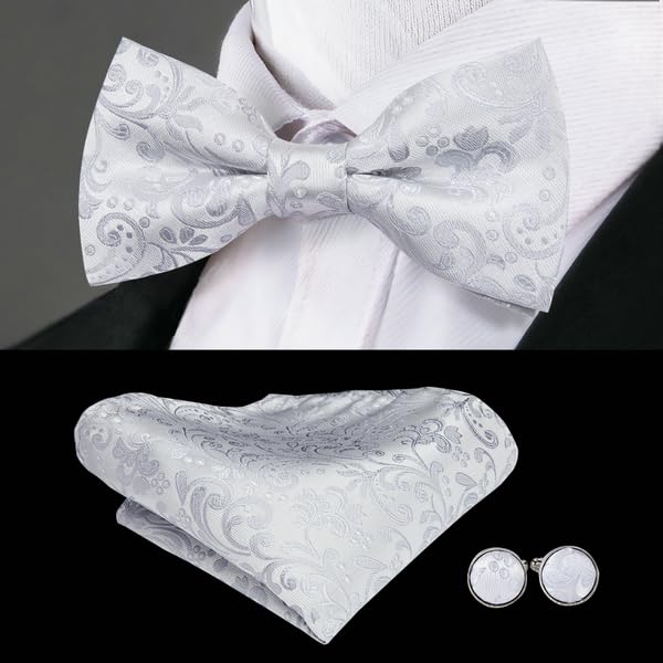 Image of Hi-Tie Pretied Bow Ties for Men Wedding Formal Bow Tie Handkerchief Cufflinks Lapel Pin Set Party Formal Mens Bowtie Set, Siver White Floral, Medium