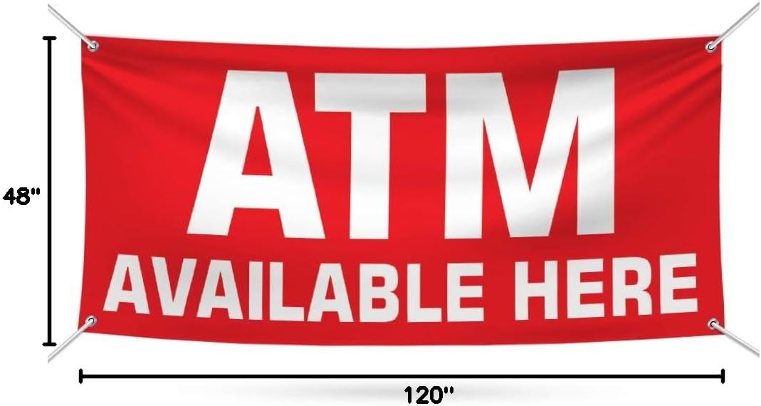 Voila Print ATM Available Banner Sign - 13 Oz Heavy Duty Waterproof ATM Available Vinyl Banner for Business with Metal Grommets, VP5497 (18 x 48)