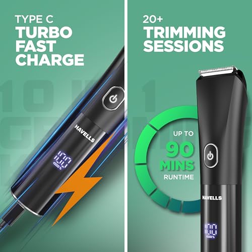 Image of Havells 10 in 1 Digital Grooming Kit |2-in-1 Special Blade|Nose & Ear Attachment|Ceramic Body Groomer |4 Beard, 2 Hair Combs & 1 Body Groomer Comb|Type C Turbo Charge|No Nicks & Cuts|2 Year Guarantee|GS6668
