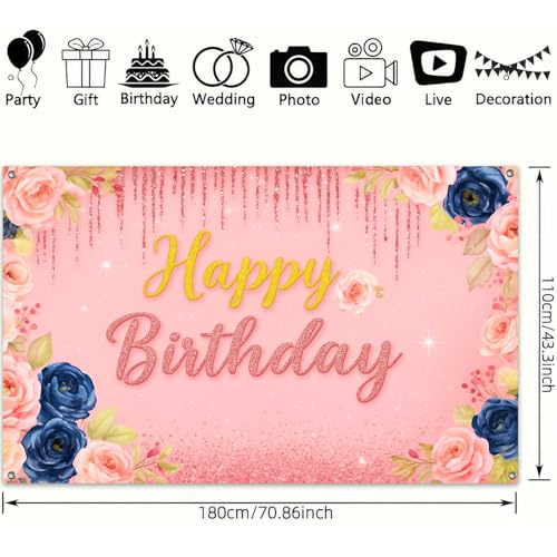 Image of HOMETITUTE Vintage Pink Floral Birthday Banner 71x43 Inch