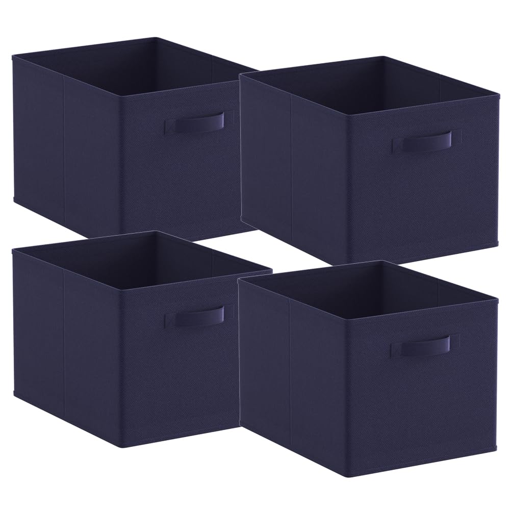 BonChoice Foldable Storage Cubes Boxes Pack of 4 with Handle for Home Organization, Fabric Wardrobe Storage Box Organizer Basket Bins for Clothes Toys Towels, Collapsible&Durable Dark Blue 33x38x33cm