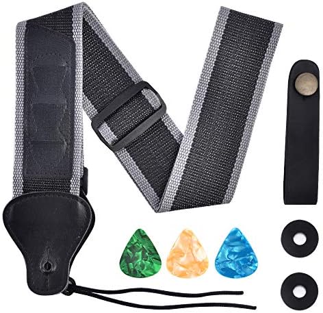 Haneye Guitar Starp,Polypropylene Guitar Straps with Leather Ends for Acoustic and Electric Guitars,Include Button Headstock Adaptor,1 Pair Strap Locks and 3 Picks,Black