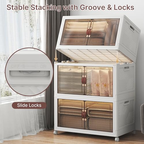 Image of UAMFURI Stackable Storage Bins with Lids, 1080QT Lockable Storage Cabinet,Foldable Storage Box with Doors and Wheels, Plastic Drawers for Home, Garage, Office (6, White, Extra Large)