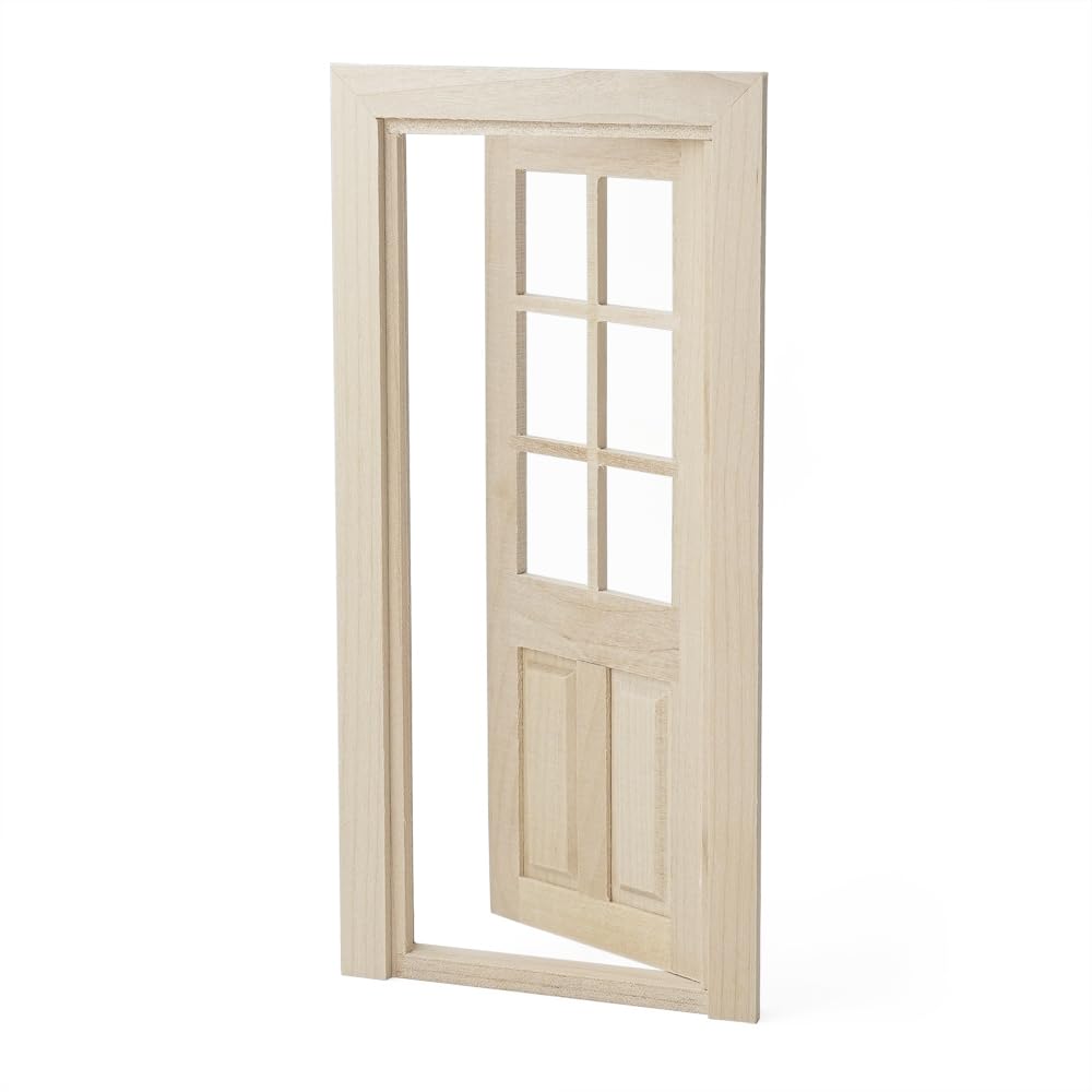 Odoria Dollhouse Lattice Door Miniature: 1/12 Scale Front Doors Glass Panel for Elf Fairy Garden Outdoor - Mini Entry Gate Unfinished Wood - Tiny Modern Furniture Building Model, Inswing