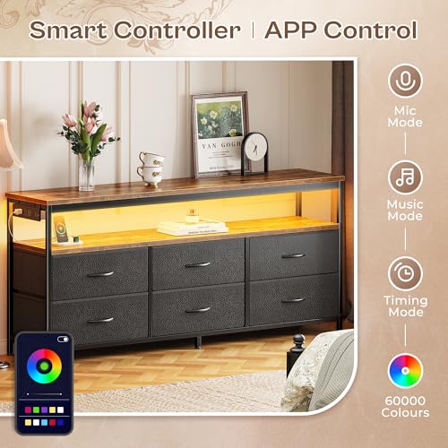 Huuger LED TV Stand for Bedroom, 55 Inch Fabric Dresser with Power Outlets, Entertainment Center for 60, 55 Inch TV, 6 Drawer Dresser for Bedroom, Chest of Drawers with Shlef, PU Leather, Rustic Brown