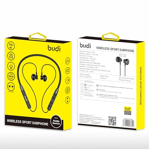 Budi Bluetooth V5.0 Wireless Noise cancelling and suppression with 10m barrier-free distance sports earphones - 18 hour Audio Playtime, Comfortable Earbuds Hanging Design for Active Lifestyle