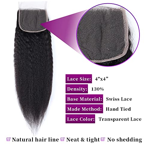 Brazilian Virgin Kinky Straight 4x4 Lace Closure 9A Grade Yaki Straight Human Hair 4x4 Lace closure Free Part Natural Black Color (10Inch, kinky straight closure) - Image 3