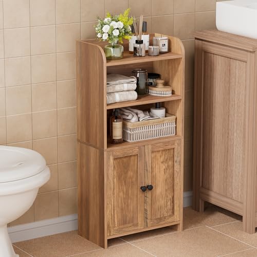 Image of Homhedy Small Bathroom Storage Cabinet, Freestanding Toilet Paper Storage with 2 Doors and Shelves, Bathroom Organizers and Storage for Small Spaces, 7.9" D x 14.6" W x 31" H, Rustic Walnut