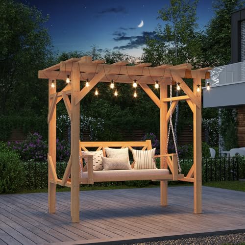 Image of Aoxun Cedar Wood Outdoor Pergola Swing Bench, Porch Swing with Stand, 3-Seat Hammock Patio Swing Set with Canopy，Metal Chains for Backyard, Garden, Natural