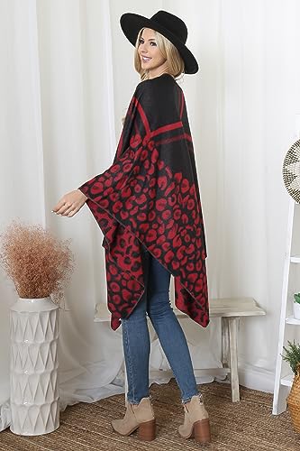 RIAH FASHION Classic Soft Knit Poncho Shawl Wrap - Winter Warm Fringe Tassel, V-Neck Stripe Pullover Animal Print3