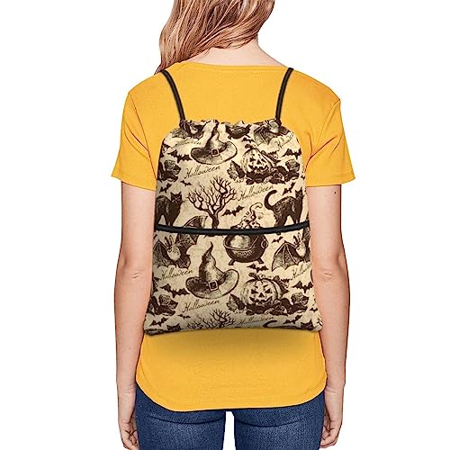 Outdoor Drawstring Backpack Compatible with Halloween Decorations Black Cat Bat Pumpkin Skull Party Pattern Gym Bag, Water Resistant String Bag Sports Sackpack with Zipper Pocket4