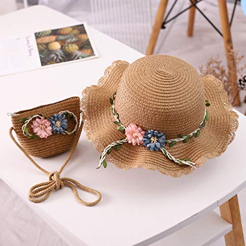 Girls Straw Hat 2-8 Age Tourism Sun Hat Flower Children Sun Hat and Bag Set Baby Outdoor Wide Brim Bucket Hats for One Size2