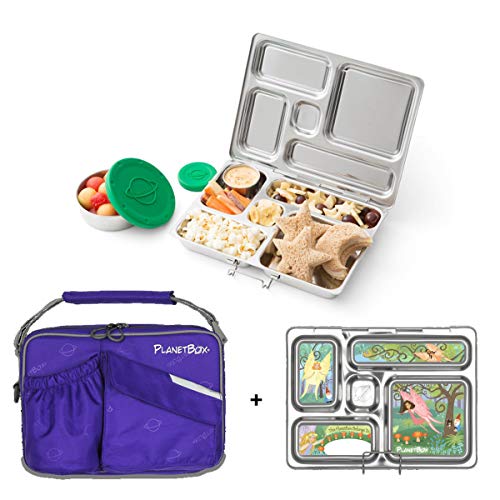 PlanetBox ROVER Eco-Friendly Stainless Steel Bento Lunch Box with 5 Compartments for Adults and Kids - Power Purple Carry Bag with Faries Magnets