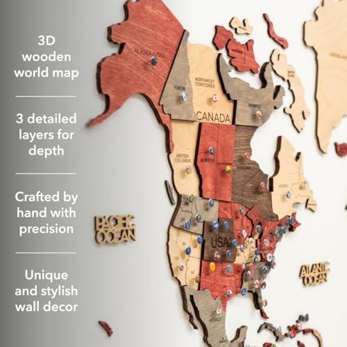 Image of Enjoy The Wood 3D Wooden World Map Wall Art (Fusion, 2XL) | Large Travel Map with Pins for Art Decor, Decorative Map of the World for Home, Office Travel Wall Art Housewarming Gift Idea