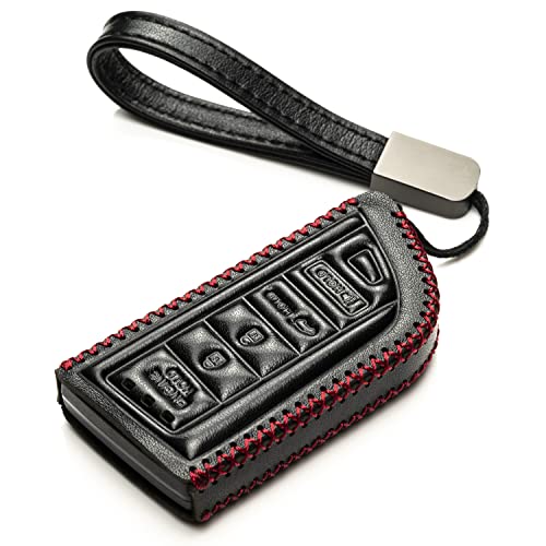Image of Vitodeco Genuine Leather Smart Key Fob Case with Leather Key Strap Compatible for Acura MDX, RDX, ADX, TLX, INTEGRA - 5-Button, Black /Red