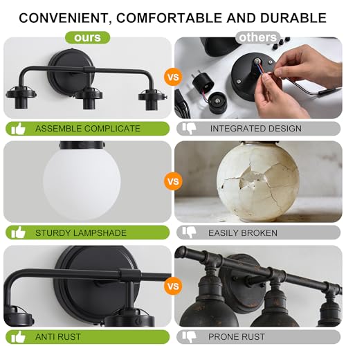 Image of Bathroom Light Fixtures 18.3in 3-Light Matte Black Vanity Lights for Mirror | Bathroom Lighting Fixtures over Mirror, ETL, Brushed Brass Wall Sconce, Dimmable E12 Base Max 60W, Milky Glass Ball Shades