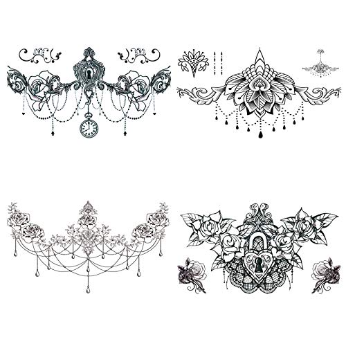 4 Sheets temporary tattoo stickers for black chest female tattoo, totem, flower pattern, waterproof body art 5.4 "x 9.5"