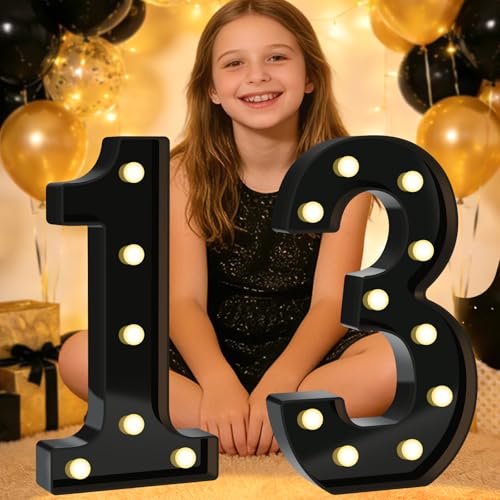 Image of Pooqla 13th Birthday Decorations for Boys, Large Black Light Up Numbers | Black Party Decorations, 12.6in Tall Big Marquee Numbers 13th Anniversary Birthday Gift for Boys Wedding Room Decor