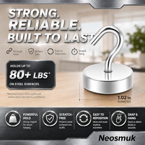 Image of Neosmuk Magnetic Hooks Steel Tube Design for Cruise,80lb+ Silver,10 Pack