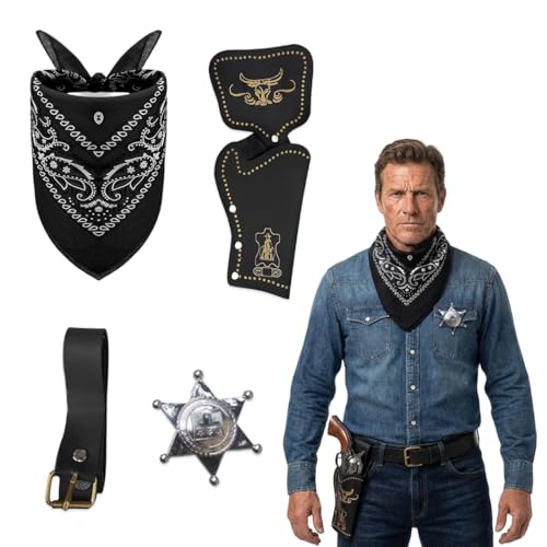KAHZOR 4 PCS Accessoires De Costume Cowboy, Déguisement Cowboy Adulte Western avec Support pour Pistolet Cowboy, Ceinture, Cravate Et Badges pour Cosplay Et Fête, Pas...