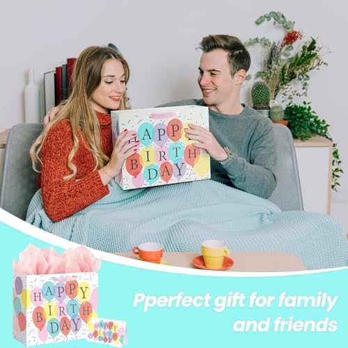 شنطة هدايا عيد ميلاد سعيد كبيرة 13 انش مع بطاقات ومناديل، مجموعة شنط هدايا ملونة للحفلات مع مقابض، شنط هدايا للاولاد والبنات لحفلات استقبال المولود الجديد والتسوق وحفلات الاطفال (بالون)