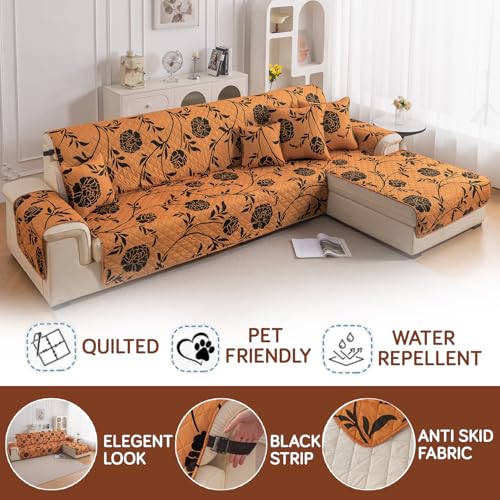 Image of HOKIPO 'Elira Series' Printed Quilted One-Piece L Shape 6 Seater (3+3) Sofa Cover with Right Chaise | Anti-Slip Design, Copper Brown Floral (AR-6230-C8)