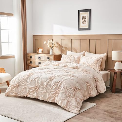 Image of Beige Comforter Set Full Size Bed in A Bag 7 Piece Pinch Pleat Bedding Set,Pintuck Ruched Flowers Bed Set with Comforter, Sheets, Pillowcases & Shams