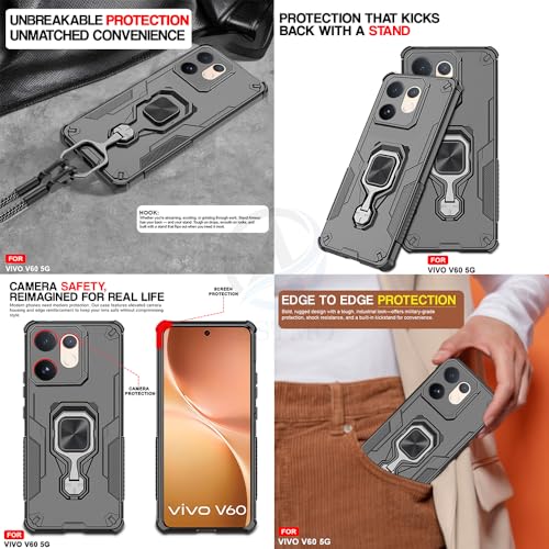 Image of AESTMO Armor Back Cover for Vivo V60 / V60E / T4 Pro 5G | Ring Holder & Kickstand & Camera Protection in-Built | 360 Degree Protection Back Case Cover (Black)