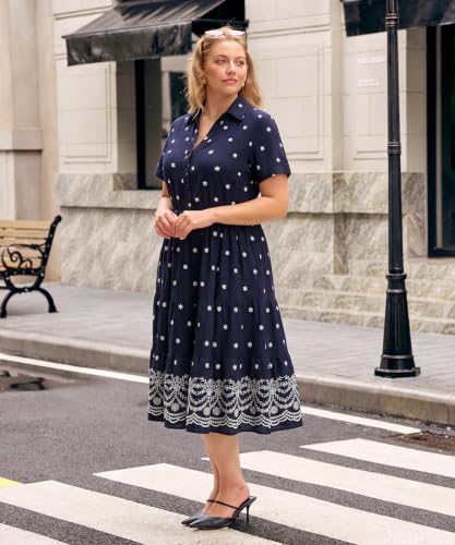 Image of CARCOS Plus Size Dresses for Curvy Women Collared Vneck Short Sleeve Dresses Midi Summer Ruffle Dress with Pocket XL-5XL