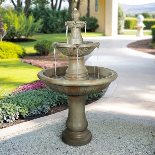 Image of SunJet 51.5 inch High 3-Tiers Modern Concrete Outdoor Water Fountain - Round Large Outdoor Fountains and Waterfalls for Garden, Patio, Yard, and Deck Decor, Featuring Natural Stone Look