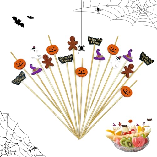 KASESSS 100 Piezas Palillos para Aperitivos de Halloween, 12cm Palillos de Cóctel, Palitos de Cóctel de Halloween Calabaza fantasma Palitos de Cóctel de Madera para Fruta Aperitivos Fiestas Decoración