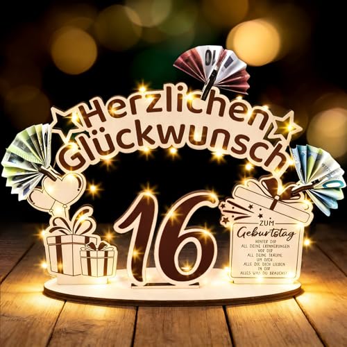 Leboria 16 Geburtstag Mädchen Junge, Holz Geldgeschenke Geburtstag mit LED Lichterketten, Geschenke für 16 Jährige Mädchen Jungs, Deko 16 Geburtstag Mädchen Junge