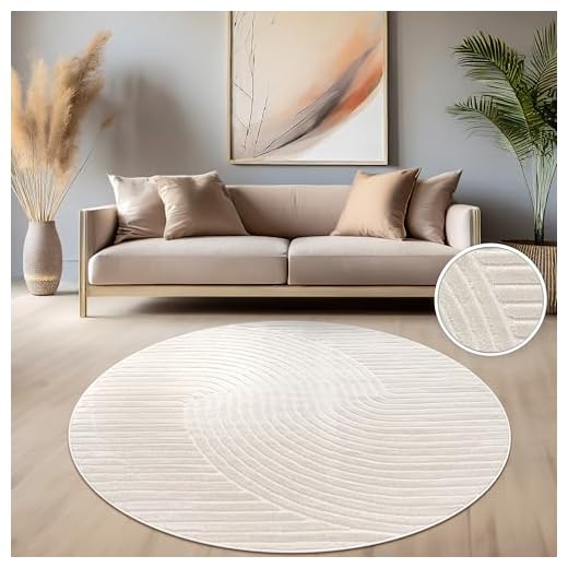 Paco Home Tapis Exterieur Terrasse Salon Cuisine Motif Scandinave Motif Boho Uni, Dimension:200 cm Rond, Couleur:Crème 2