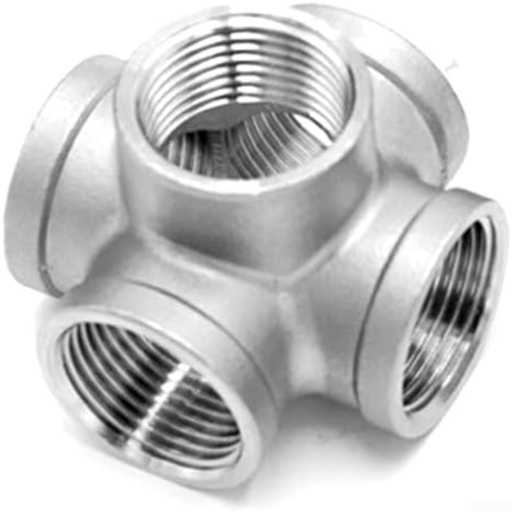 Unión en cruz de 5 vías de acero inoxidable para automatización de riego y redes neumáticas de taller