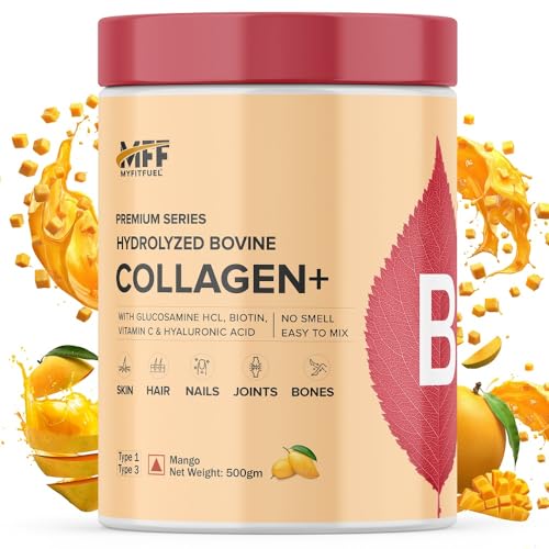 Image of MyFitFuel Hydrolyzed Bovine Collagen (500gm, Mango) with Biotin, Hyaluronic Acid, Zinc, Vitamin C & Glucosamine | For Skin, Hair, Nails & Joints