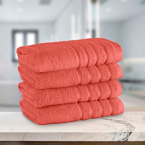 Image of Elegant Comfort 100% Turkish Cotton 4 Lines Viscose Stripe Luxury 4 Pack Hand Towel Set - Ultra Absorbent and Soft 16 x 28 Inch Premium Hotel Spa Quality Towels for Everyday Bath Use, Coral