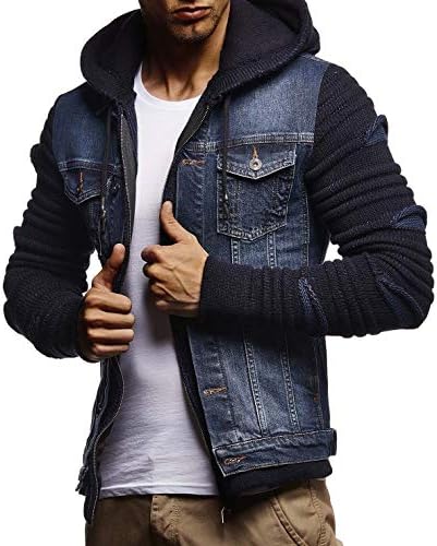 Leif Nelson Men's Denim Jacket With Knitted Sleeves | Jeans Sweater Jacket With Hood| LN5755; Large, Blue