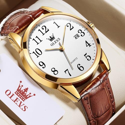Image of OLEVS Watch Men Mens Watches Watches for Men Leather Band Classic Brown Leather Watch Men, Analog Watch Men, Black Mens Leather Watch, Dress Waterproof Large Face Mens Watch,Relojes para Hombres Watch