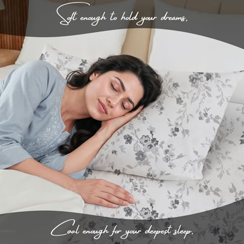 Image of LINENWALAS 100% Cotton 200 TC Single Fitted Sheet with Pillow Cover | 360 Elastic Bedsheet with 4-8 inch Deep Pocket - Soft Breathable Bedding (36x78 inch, Smoky Florals)