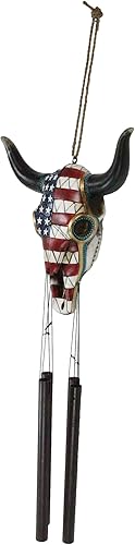 Miniatura 3 de Ebros Gift Gran calavera de vaca tribal, tribal, rústico, occidental, con bandera estadounidense y cuentas de turquesa, carillón de viento