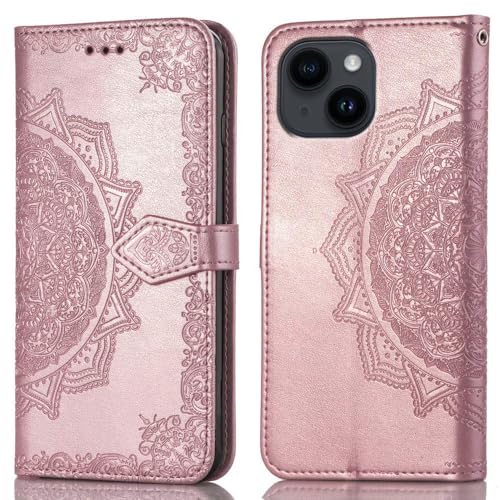 Image of ClickCase Queen Series for iPhone 15 Plus Leather Flower Embossing Wallet Flip case Magnetic Closure Flip Cover for iPhone 15 Plus (Rose Gold)