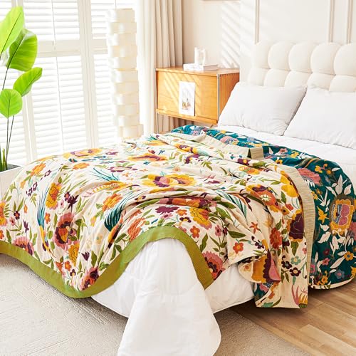 Boho Throw Blanket 50" x 60", 100% Organic Cotton Skin-Friendly Soft Bed Quilt Throw - All Season Floral Rustic Farmhouse Decor Luxury Blanket for Sofa Couch Chair and Gift.