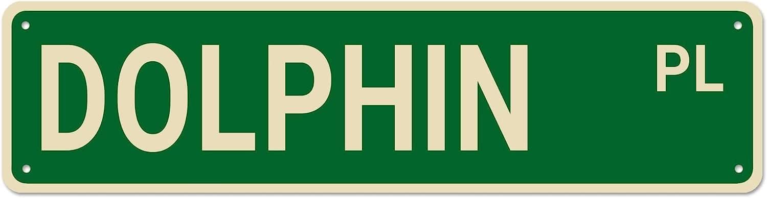 Peiyeety A007 Vintage Metal Tin Sign Dolphin Place Street Sign, Retro Wall Decor For Home, Bar, Garage, Cafe, Man Cave, Beach House, Ocean Decor, Rustic Wall Art For Indoor And Outdoor Decoration, 4X16 Inch