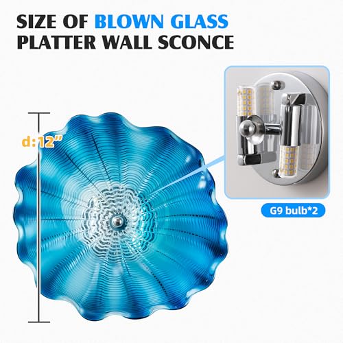 Image of Blue Glass Wall Light Dia 12 inch Wall Lamp with Murano Glass Shade Vintage Vanity Lighting Fixture with Metal Base Flush Mount Wall Sconce 2-Light for Bathroom, Bedroom, Bedside, Entryway