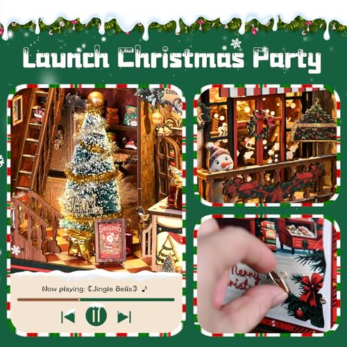 Christmas Gift Book Nook Kit, DIY Miniature House Kit, 3D Wooden Puzzle Bookend Bookshelf Insert Decor with LED Light for Teens and Adults Tiny House Kit